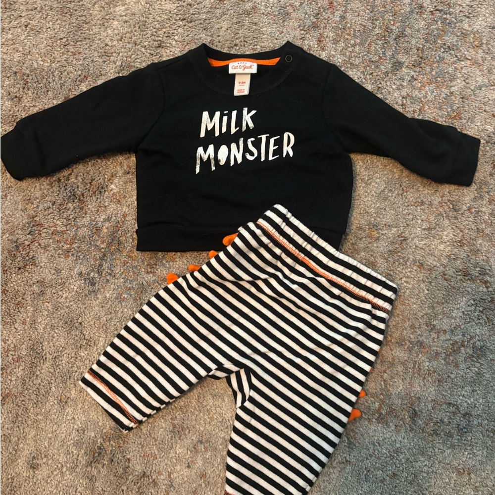 Kids Black 'Milk Monster' Pajama Set with Striped Pants